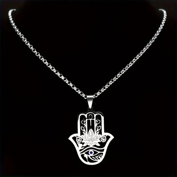 Stainless Steel Hamsa Hand Lotus Eye Ankh Pendant Necklace Protection Jewelry NE - Picture 4 of 5